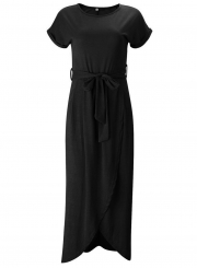 Short Sleeve Slit Maxi Dress with Belt