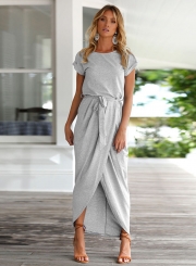 Short Sleeve Slit Maxi Dress with Belt