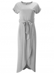 Short Sleeve Slit Maxi Dress with Belt