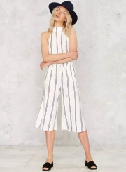 Stripe Halter Backless Wide Leg Cropped Jumpsuit