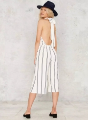 Stripe Halter Backless Wide Leg Cropped Jumpsuit