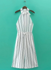 Stripe Halter Backless Wide Leg Cropped Jumpsuit