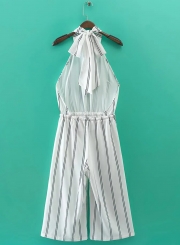 Stripe Halter Backless Wide Leg Cropped Jumpsuit