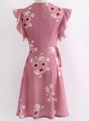 V Neck Ruffle Sleeve Floral Mini Dress