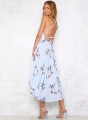 Spaghetti Strap Backless Floral High Low Dress