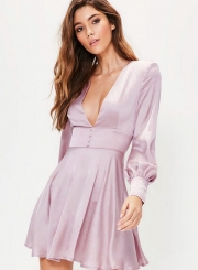 Deep V Neck Long Sleeve Pleated Dress