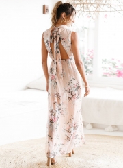 Fashion Sleeveless Floral Slit Maxi Chiffon Backless Dress