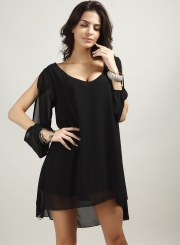 V Neck Slit Sleeve Chiffon Mini Dress