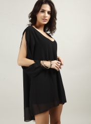 V Neck Slit Sleeve Chiffon Mini Dress