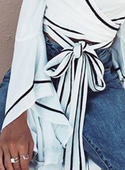 V Neck Flare Sleeve Tie Waist Crop Tee