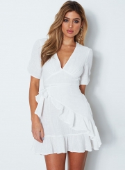 V Neck Short Sleeve Ruffle Mini Dress