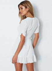 V Neck Short Sleeve Ruffle Mini Dress