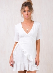 V Neck Short Sleeve Ruffle Mini Dress