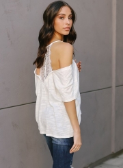 Off Shoulder Short Sleeve Lace Splicing Tee