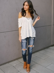 Off Shoulder Short Sleeve Lace Splicing Tee