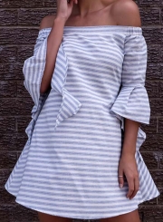 Off Shoulder Flare Sleeve Stripe Dress