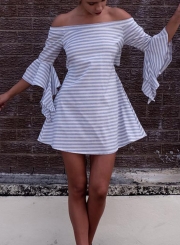 Off Shoulder Flare Sleeve Stripe Dress