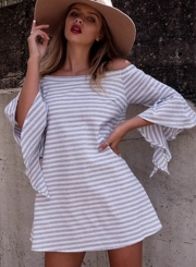 Off Shoulder Flare Sleeve Stripe Dress