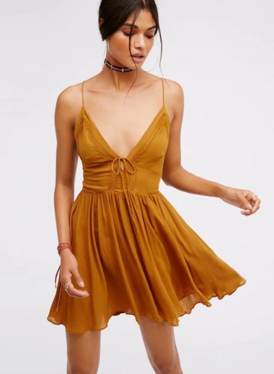 V Neck Sleeveless Mini Pleated Dress YOUYOUFASHIONEC.com