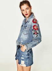 Fashion Floral Embroidery Fringed Denim Jacket