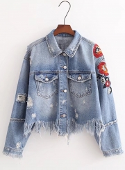 Fashion Floral Embroidery Fringed Denim Jacket