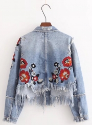 Fashion Floral Embroidery Fringed Denim Jacket