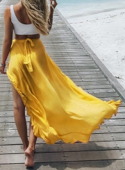 Fashion Elastic Waist High Slit Ruffle Maxi Skirt