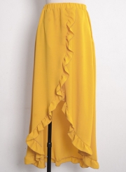 Fashion Elastic Waist High Slit Ruffle Maxi Skirt