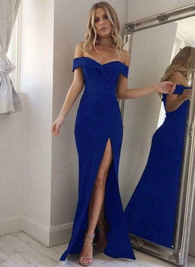 Fashion Off Shoulder Solid Color Slit Maxi Dress