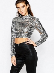 Fashion Long Sleeve Sequins Crop Top