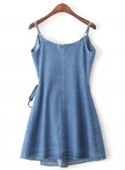 V Neck Sleeveless Mini Denim Dress