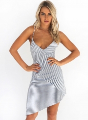 Striped V Neck Sleeveless Irregular Dress