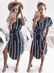 Short Sleeve Stripe Irregular Shirt Dress with Belt