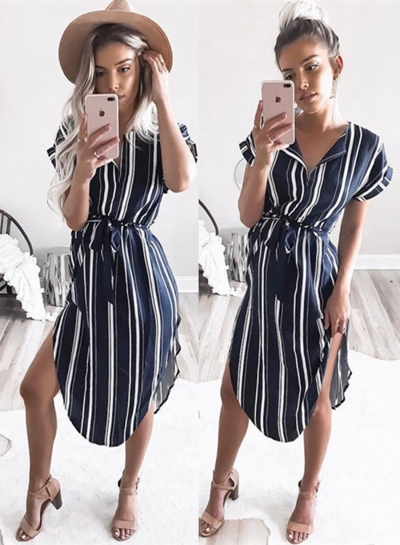 Short Sleeve Stripe Irregular Shirt Dress with Belt LZDINTECOMMERCE.com