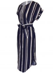 Short Sleeve Stripe Irregular Shirt Dress with Belt