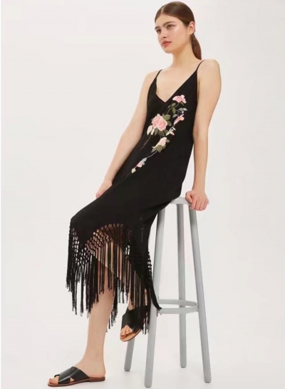 V Neck Sleeveless Floral Embroidery Dress with Tassel LZDINTECOMMERCE.com