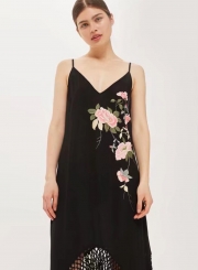 V Neck Sleeveless Floral Embroidery Dress with Tassel