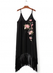 V Neck Sleeveless Floral Embroidery Dress with Tassel