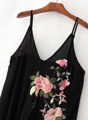 V Neck Sleeveless Floral Embroidery Dress with Tassel