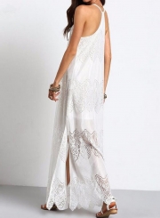 V Neck Sleeveless Slit Maxi Lace Dress