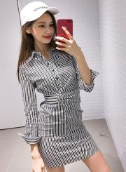 Fashion Stripe Long Sleeve Bodycon Shirt Dress