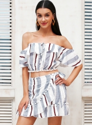 Women's Fashion Stripe Off Shoulder 2 Piece Skirt Set Dress Outfit