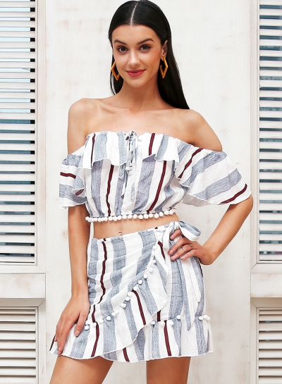 Women's Fashion Stripe Off Shoulder 2 Piece Skirt Set Dress Outfit YOUYOUFASHIONEC.com