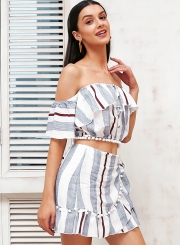 Women's Fashion Stripe Off Shoulder 2 Piece Skirt Set Dress Outfit
