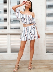 Women's Fashion Stripe Off Shoulder 2 Piece Skirt Set Dress Outfit