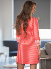 Casual 3/4 Sleeve Stripe Dress with Pocket