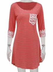 Casual 3/4 Sleeve Stripe Dress with Pocket