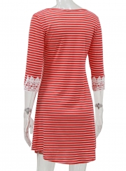 Casual 3/4 Sleeve Stripe Dress with Pocket