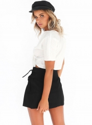 V Neck Short Sleeve Knot front Crop Top