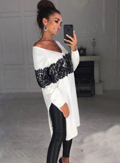 V Neck Long Sleeve Lace Side Slit Dress